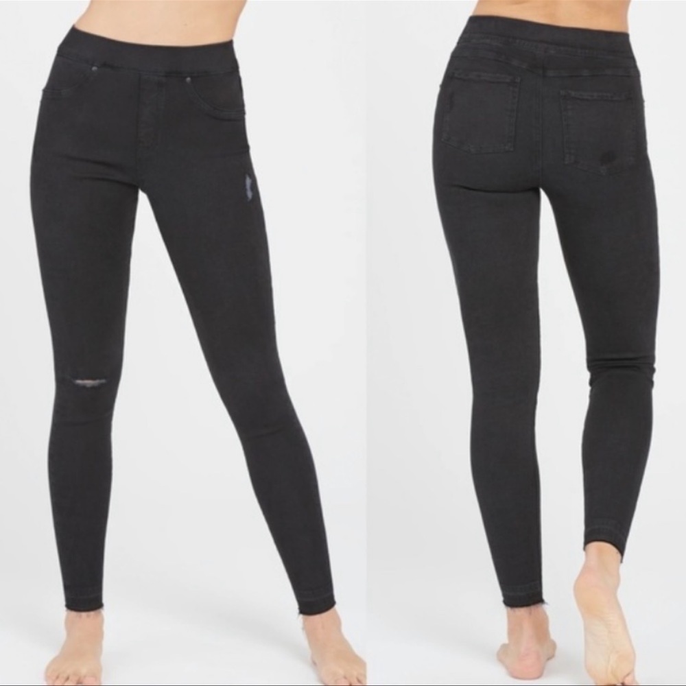 SPANX Vintage Black Distressed Ankle Skinny Pullon Leggings Elastic Waist - Picture 2 of 15